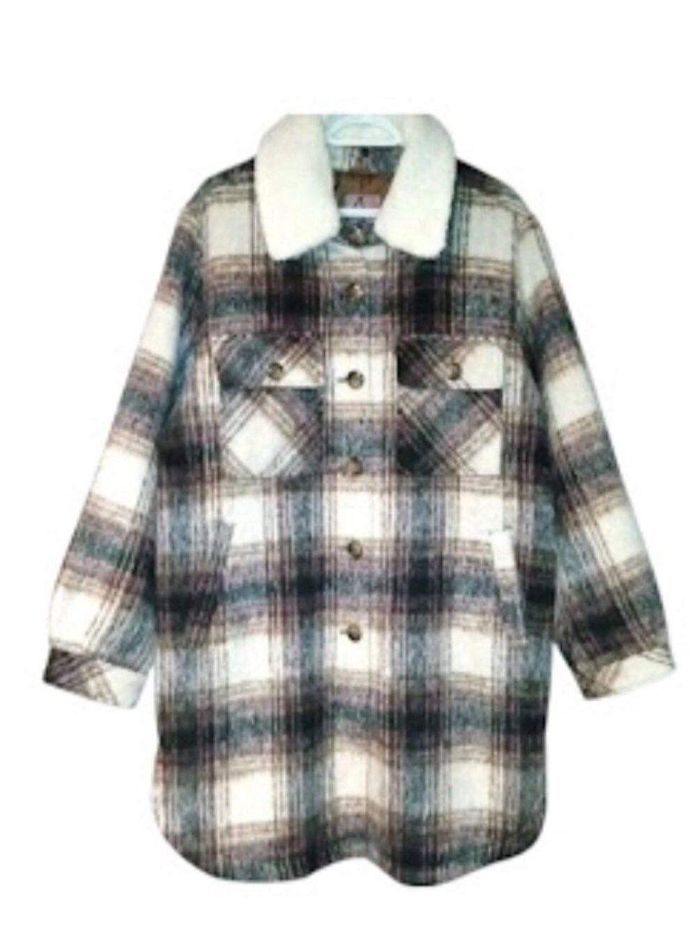 Arie Plaid Shacket Jacket L Sherpa Collar Long